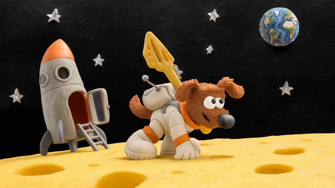 Kling AI video - claymation dog astronaut and mouse on a cheese moon