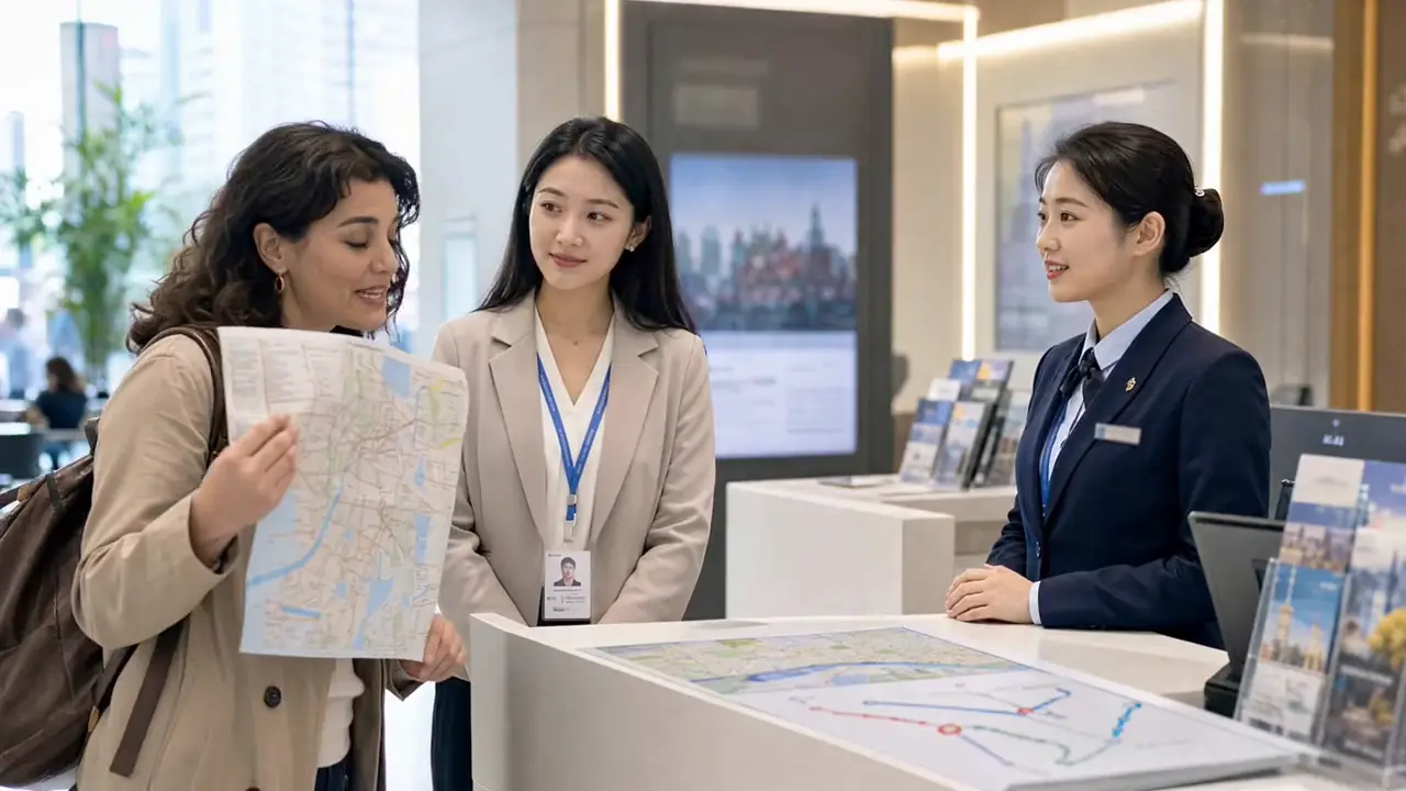 Kling AI video - a traveler with a map asks for directions at a tourist information desk