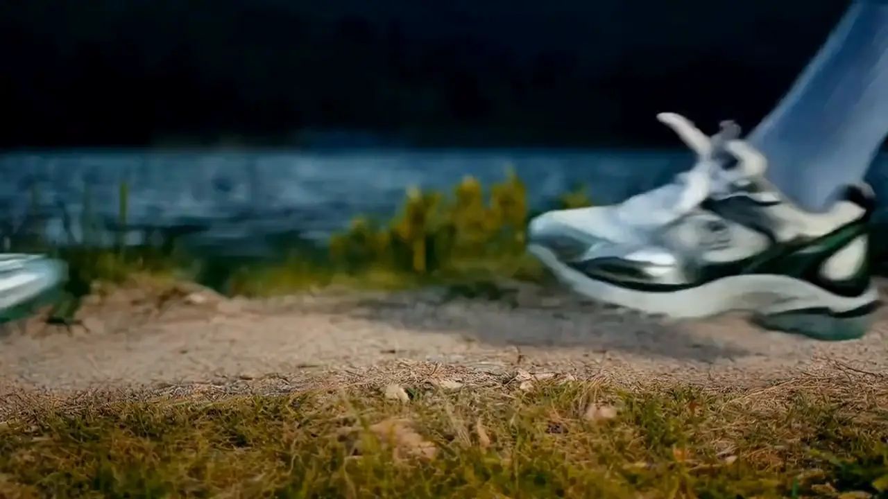 Kling AI video - sneaker product ad with a runner stepping onto grass by a lake
