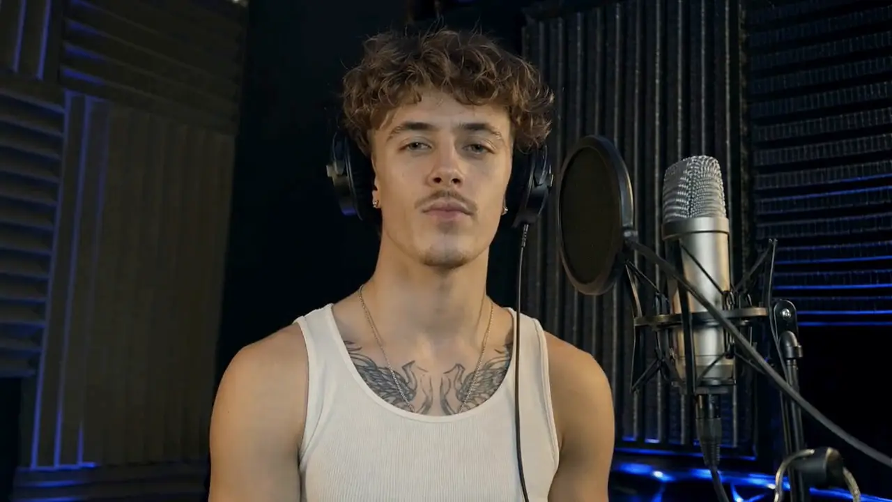 Kling AI video - singer at a studio microphone performing with stereo sound