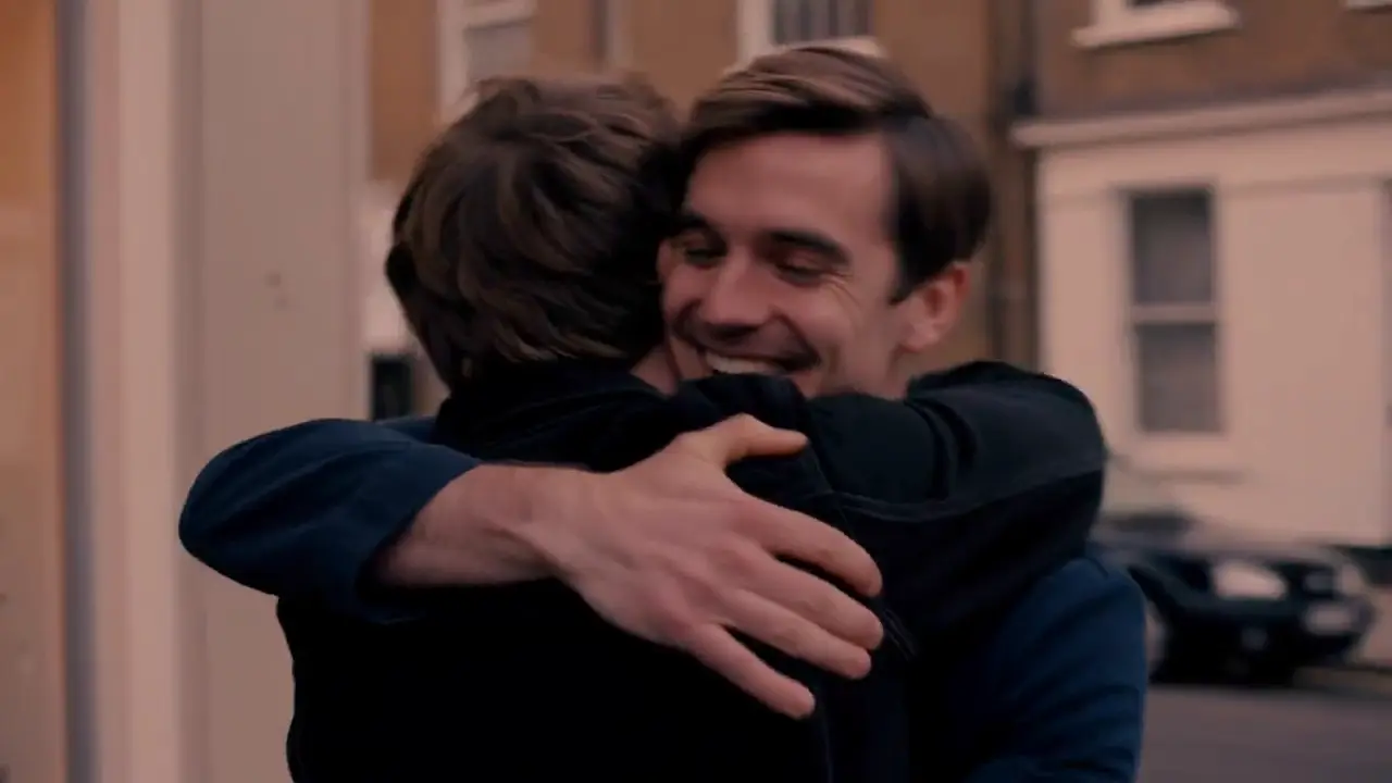 Kling video text to video - two old friends meet and hug on a London street at dusk